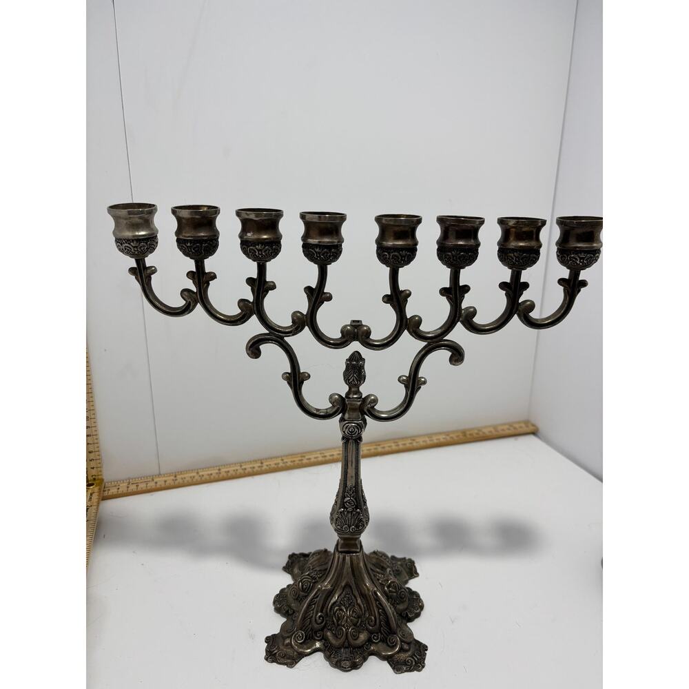 Original Karshi Jerusalem Silverplated Menorah - Floral Design, 12.5" Ta